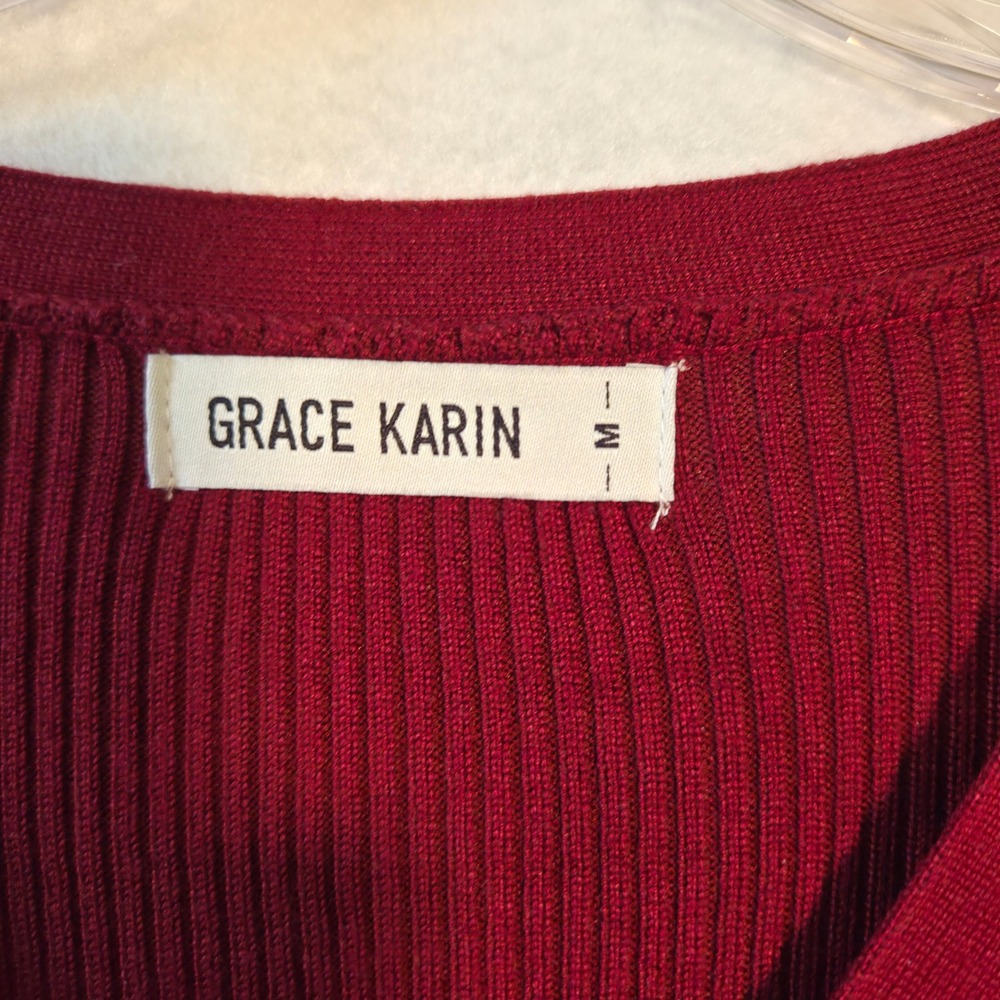 Grace Karin Sweater Dress Womens Medium Burgundy Ribbed Knit Wrap V-Neck Core - Picture 5 of 8